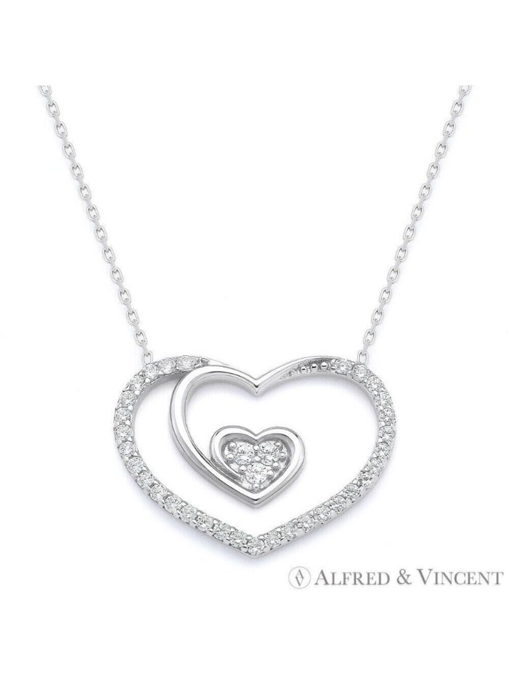 Double-Heart CZ Charm Pendant & Chain Necklace in .925 Sterling Silver